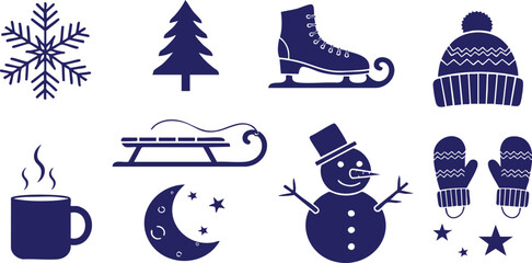 Vector Blue Winter and Holiday Icon Collection with Festive Seasonal Elements and Cozy Weather Symbols