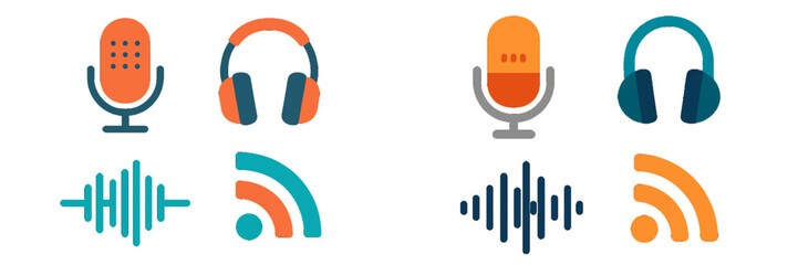 Modern icon set for podcasting and audio streaming with microphone, headphones, sound wave, and broadcast symbols