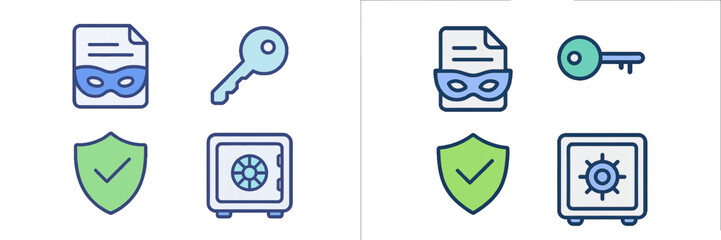 Security and privacy symbols with anonymous document, key, shield, and safe for user interface design and web applications