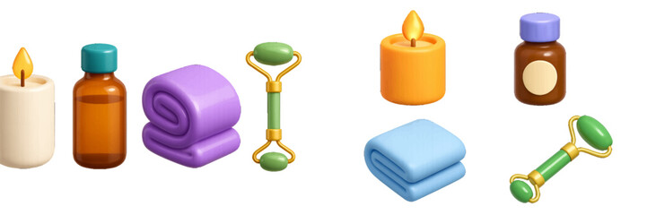 Collection of realistic spa accessories for relaxation and skincare including face roller, aromatherapy oil, lit candle, and soft towel