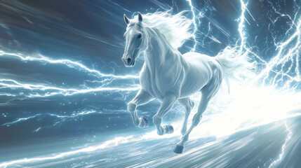 Naklejka premium Majestic White Horse with Flowing Mane Amidst Lightning and Stormy Sky