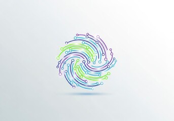 A digital circuit pattern swirls with blue green and purple lines and glowing node points on a light background creating a dynamic design