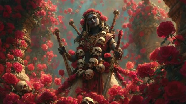 Statue of Goddess Kali adorned with floral offerings in a temple, illuminated by DIYA lights during Diwali festivities.