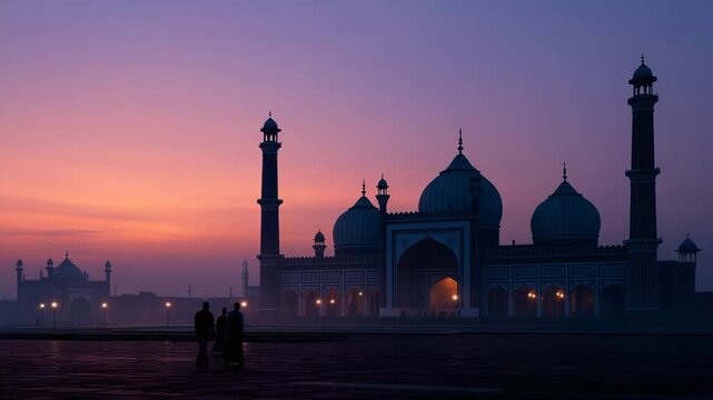 Jama Masjid at dusk, domes and minarets silhouetted against pastel sky with peach, lavender, and deep blue hues, serene foreground with silhouetted figures in traditional attire, dreamy ethereal 