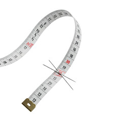 transparent sewing tape, curved, black numbers, red '30', silver tailor's pin on '15', transparent studio, 45-degree, concept of precision and craftsmanship