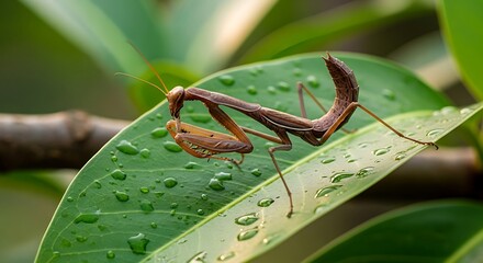 Praying Mantis on Dewy Leaf. (1)