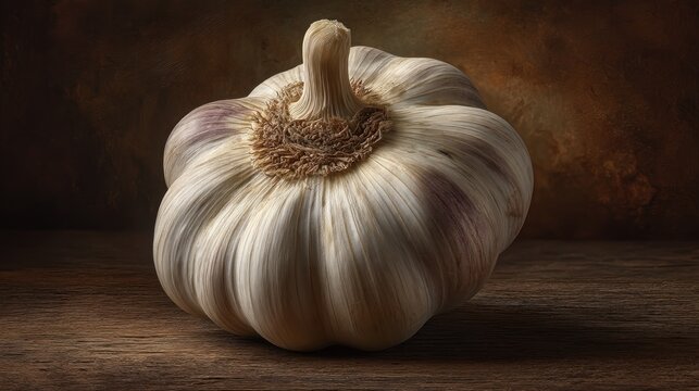 A close-up still life image of a single head of garlic, beautifully arranged on a rustic wooden surface, highlighted by dramatic lighting and deep, rich tones.