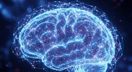 A digital representation of a human brain glowing with interconnected lines and nodes against a dark blurred background