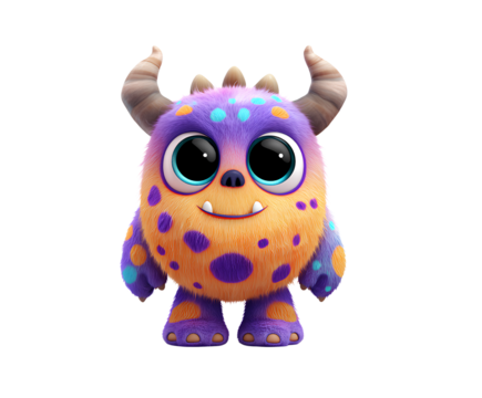 A cute monster with big eyes and a smiling, colorful body with purple and orange spots, horns on its head, transparent background.