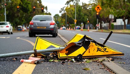 Broken yellow traffic sign on a road