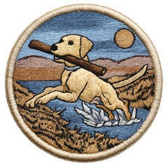 Dog Running Embroidery Patch: Vintage Style Canine in Nature Landscape