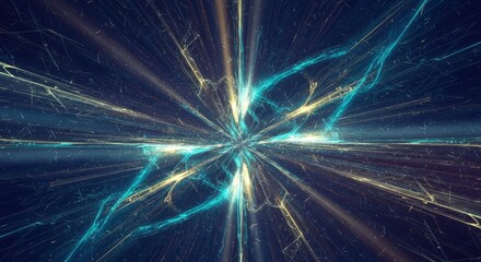 A dynamic burst of light emanates from a central point featuring radiating beams in blue cyan and gold against a dark background with scattered particles and electric-like patterns