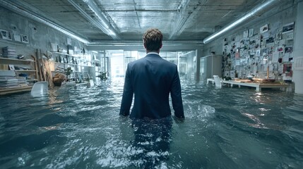 Flooded Office: A man in a suit walks through a waterlogged office, symbolizing challenges, resilience, and adapting to overcome business obstacles.