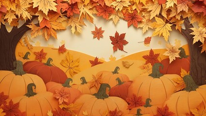 A beautiful decorative autumn border composed of layered paper-style fall leaves, creating a frame around a glowing pumpkin patch scene