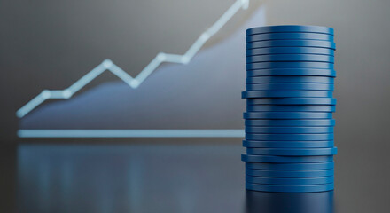 Stack of blue coins with an upward trending line graph in the background, representing financial growth
