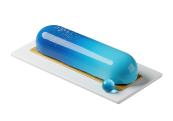 A sleek blue gradient gourmet dessert bar with silver glitter on a white ceramic plate, a blue sugar pearl beside it, isolated on a transparent background, high-end culinary concept