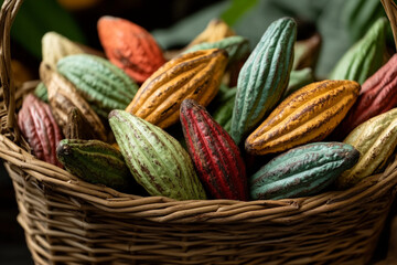 Fototapeta premium Freshly harvested cacao pods gathered in a woven basket showcasing diverse colors and textures from local farms