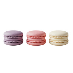 Fototapeta premium Three gourmet lavender, pink, white macarons on a light ceramic plate with silver pearls, on seamless transparent, 45-degree high-key studio shot. Concept of sophisticated culinary art