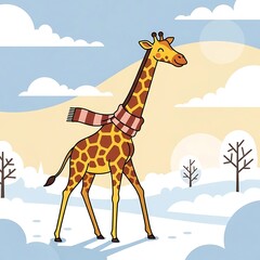 Happy Giraffe in Winter Landscape.