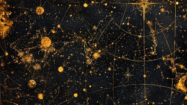 Vintage Celestial Map with Golden Constellations and Stars.