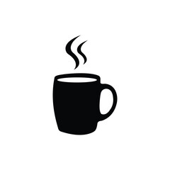Black coffee cup icon with steam rising on a white background. Simple and minimal design perfect for cafe, drink, beverage, breakfast, restaurant, menu, and lifestyle illustrations.