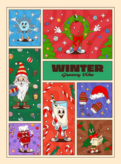 Christmas holiday posters with groovy decorations and characters, cartoon vector. Groovy posters with funky Christmas tree holly wreath, Santa hat and happy snowflake for New Year winter holiday