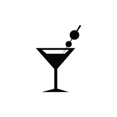 Black cocktail glass icon with olive garnish on a white background. Minimal vector design ideal for bar, party, celebration, alcohol, nightlife, and beverage related illustrations.