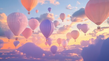 Naklejka premium Dreamy sunset sky, lots of pastel-colored hot air balloons, soft pink peach lavender blue yellow, varying sizes, Valentines Day postcard, banner wallpaper copy space, romantic fantasy scene, poster.