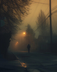 Lone Figure Walking Down a Dark Road &ndash; Streetlights and Silence