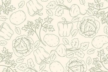 Background with drawn vegetables. Illustration of vegetables for culinary design projects dedicated to vegetables and healthy eating, suitable for menu design or fresh food displays.