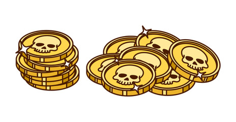 Cartoon groovy corsair and pirate gold coins of treasure, vector symbol. Golden money coins with Jolly Roger skeleton skull sign, corsair and pirate filibuster treasure from Caribbean island