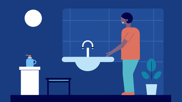 Automated Bathroom A person standing at the sink using a voice command to turn on the faucet and mirror lights illustrating ease of access in a bathroom designed for inclusivity.