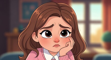 Sad girl cartoon portrait with home.
