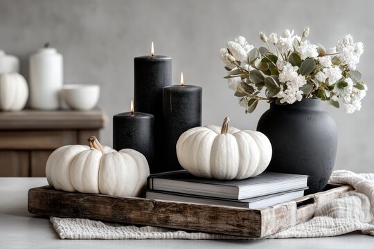 Minimalist halloween decor with cyberpunk influence cozy indoor setting magazine photography modern aesthetic