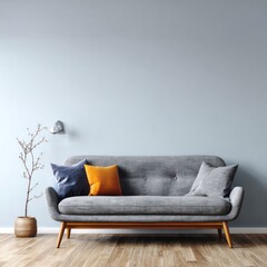 A neutral-toned living room showcases a stylish gray sofa with pops of orange and blue accent pillows, situated against a calming light-gray wall.