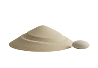 Macro close-up of light beige, fine-grained sand sculpted into gentle undulations beside a smooth light river stone on a transparent background, minimalist zen concept