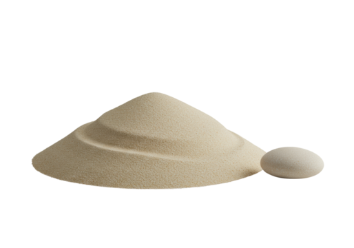 Macro close-up of light beige, fine-grained sand sculpted into gentle undulations beside a smooth light river stone on a transparent background, minimalist zen concept
