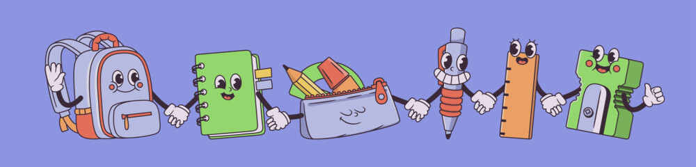 Cartoon school supplies with happy faces