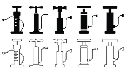 Bicycle tire pumps silhouette and line icon set.  Representing efficient inflation for sports. Air pump line art logo. Vector illustration.