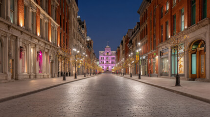 Fototapeta premium neon light accents illuminate historic architecture of city at night creating enchanting atmosphere