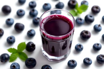 a refreshing glass of blueberry juice, surrounded by ripe blueberries and fresh leaves, creating a vibrant and healthy scene.