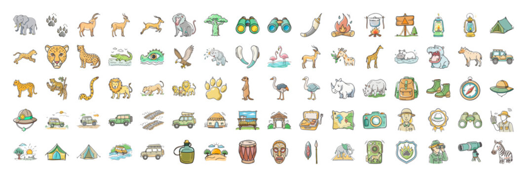 Safari Adventure Icon Pack - Collection of safari-themed icons including wild animals (lions, elephants, giraffes, zebras), binoculars, tents, trees, safari jeeps, drums, cameras, maps, and camp items