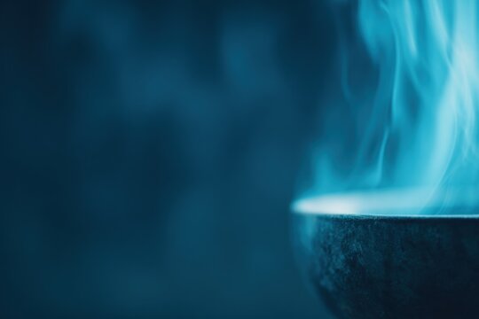 Mystical Brew: An ethereal blue vapor rises gently from a mysterious vessel, enveloping the scene in an atmosphere of intrigue, potential and the unknown.