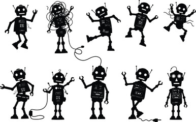 Creative Robot Silhouettes with Cables, Expressions, and Tools in Vector Format for Tech, Cartoon, and Comic-Inspired Graphic Design
