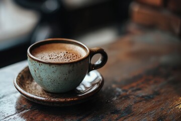 A cup of coffee sits on a wooden table