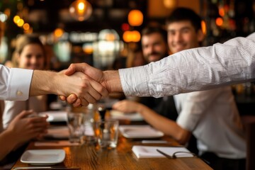 A man shakes hands with another man in a restaurant