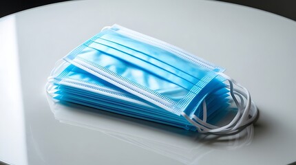 Stack of three blue surgical face masks, with crisp folds and smooth textures, neatly piled on a pristine white surface, such as a porcelain or glass table.