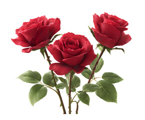 Fototapeta premium three red roses with green leaves on a transparent background, cutout png file.