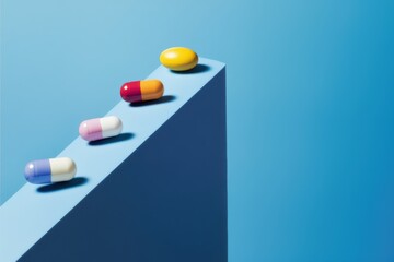 A row of pills are stacked on top of each other, with one pill being yellow