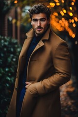 A man in a brown coat and blue shirt poses for a photo